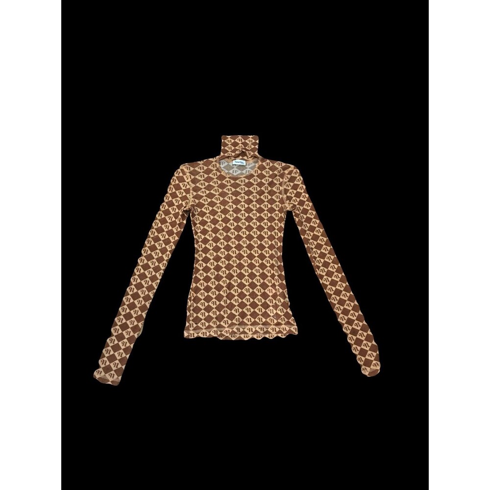 [{flawed}] Nanushka Turtle Neck Long Sleep Mesh Top Logo Letter print Brown Tan